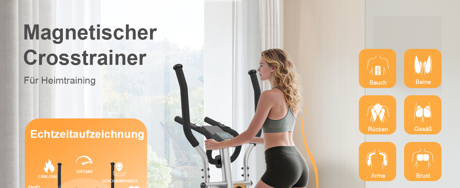 Еліптичний тренажер Neezee для дому з Bluetooth, 16 рівнів опору, 6 кг маховика, LCD-монітором, датчиком пульсу та тримачем для пляшок (Помаранчевий + Срібний)