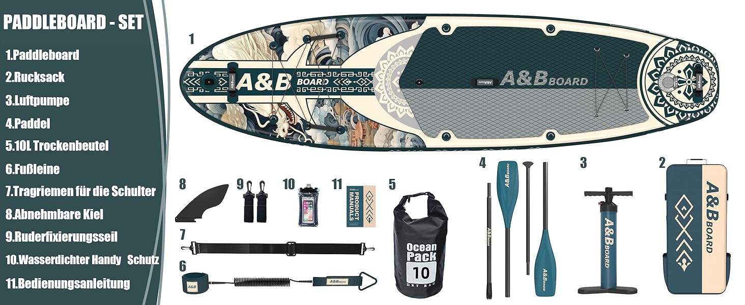 Надувний SUP-борд A&BBOARD з аксесуарами, 335x88 см, для підлітків та дорослих (зелений + дракон)