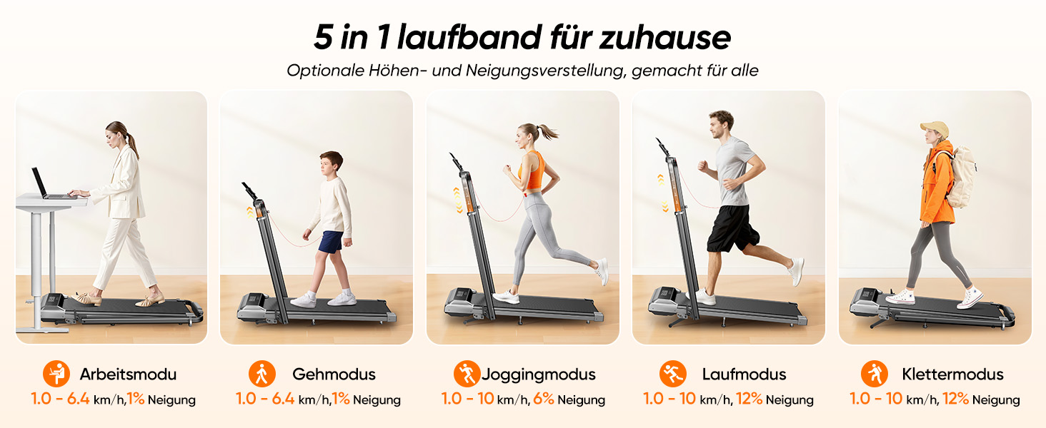 Біговий тренажер для дому з нахилом 5 в 1, 12% нахил, 2.5HP, складаний, з LED-дисплеєм, до 136 кг, сірий, без встановлення