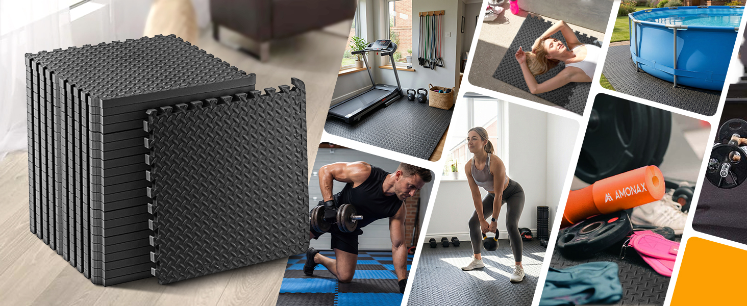 Набір пазл-килимків для фітнесу та спорту Amonax, захисний мат з пінопласту 30x30 см, сірий (18 шт, 1.67 м²), для дому, гаража та басейну