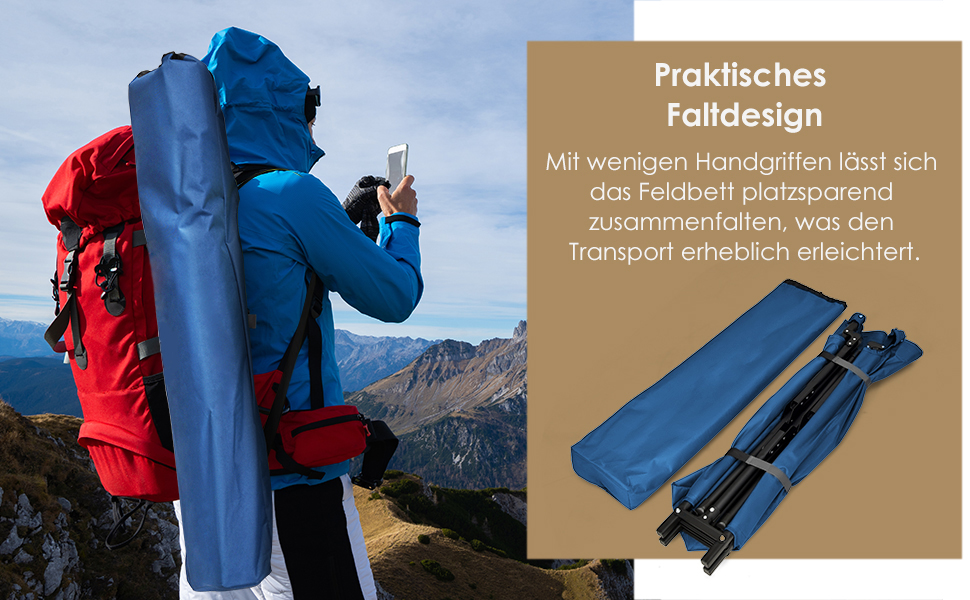 Кемпінгове ліжко Costway з металевим каркасом, складне, військового типу, одинарне, для кемпінгу та подорожей, 190 x 67 x 42 см (блакитне)