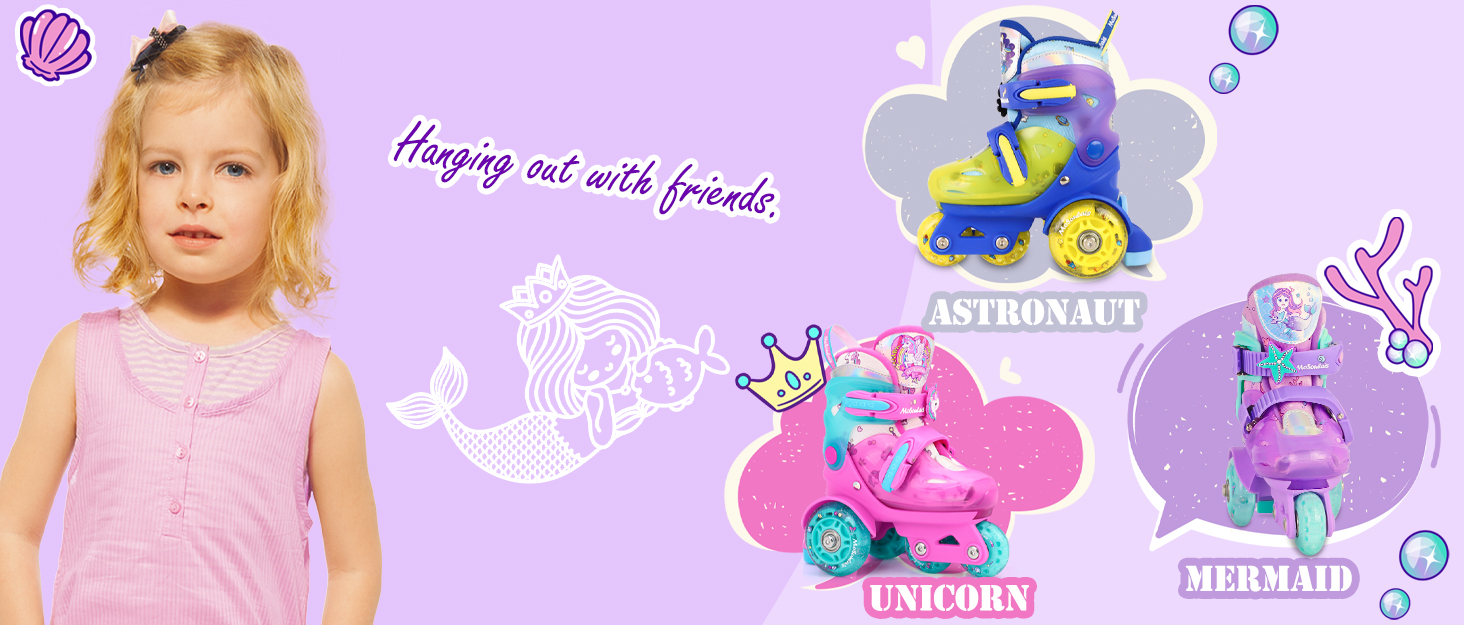 Дитячі ролики Kinder Rollschuhe для дівчаток та хлопчиків, Єдиноріг, Русалка, світлові колеса, 4 розміри, регульовані, для початківців, подарунок на Новий рік та день народження (XS(27~30), Русалка фіолетовий)