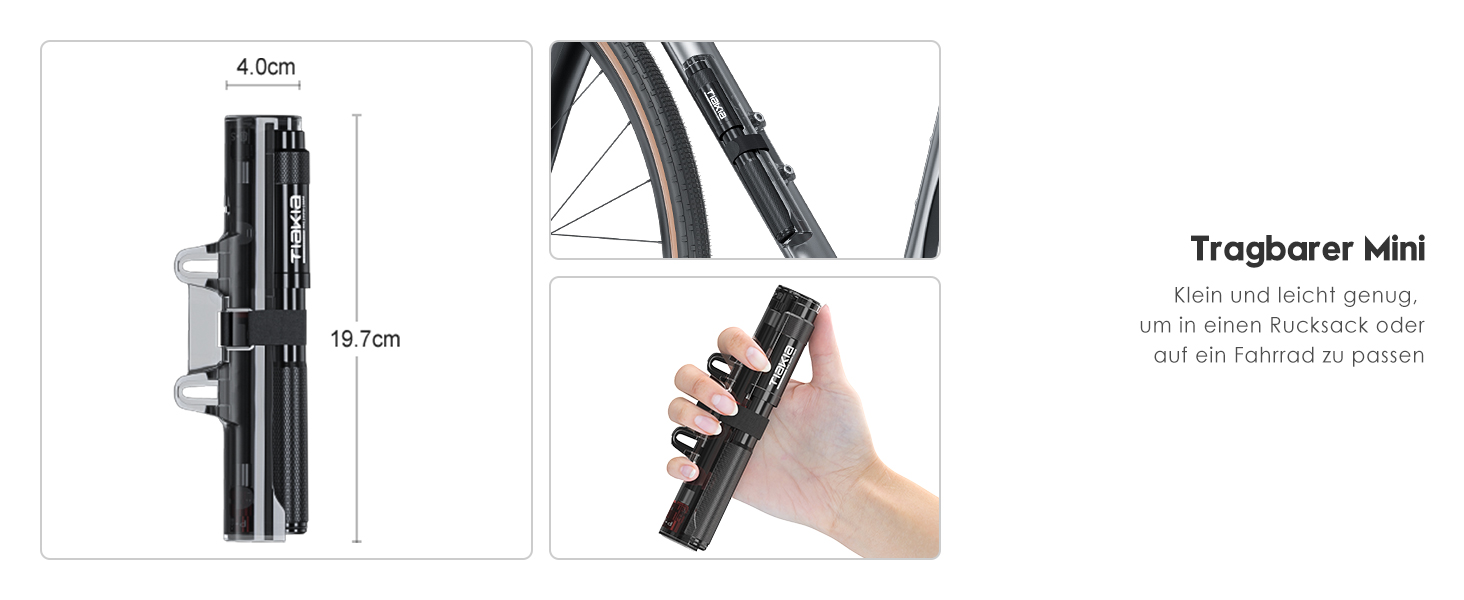 Насос для велосипеда Tiakia Mini 260PSI: компактний ручний насос для Presta, Schrader, Dunlop вентилів. Підходить для BMX, MTB, шосе, електровелосипедів. З кріпленням. Чорний.