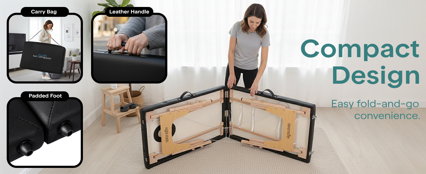 Крісло-масаж SereneLife складне – 3 зони, дерев'яний каркас, регульована висота, чорний колір. Портативне, складне з сумкою, PU-обшивка та піна, для велнес, косметології та терапії