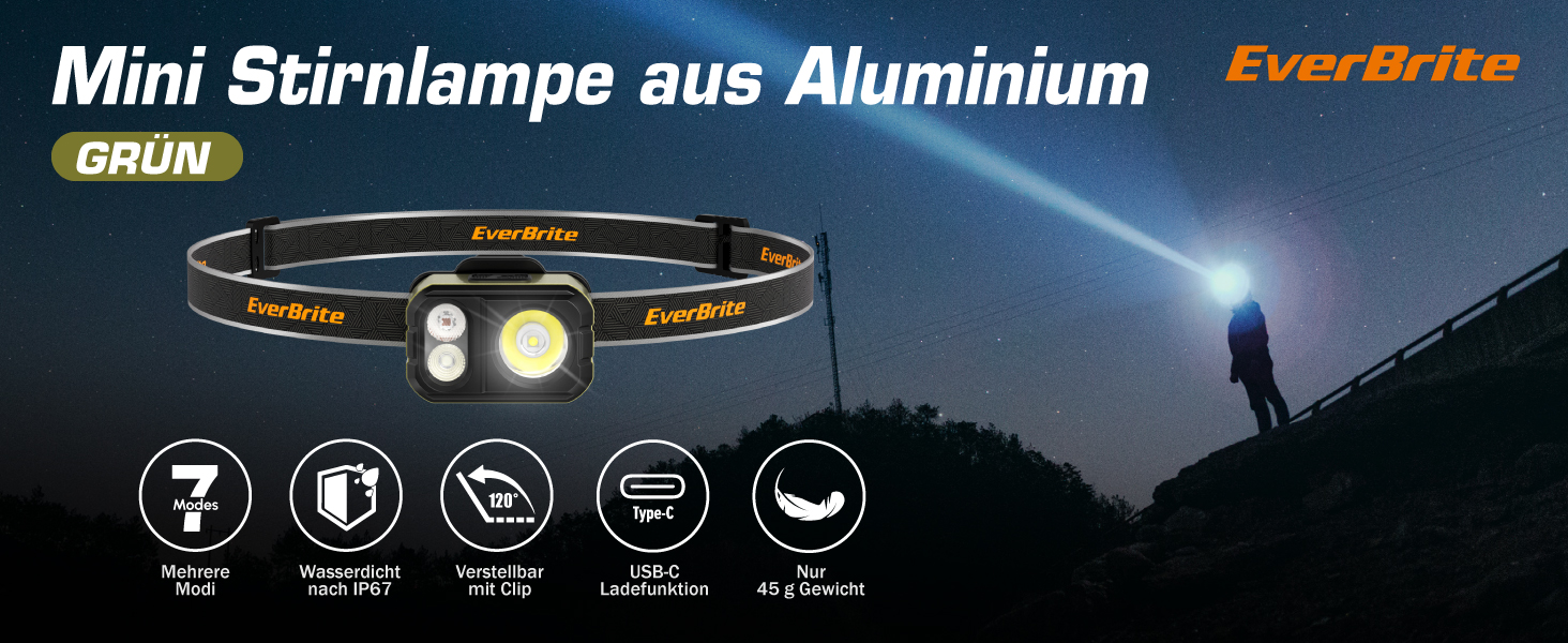 EverBrite LED налобний ліхтар: перезаряджуваний, 45г, IP67, 7 режимів, червоне та зелене світло для бігу, туризму, кемпінгу