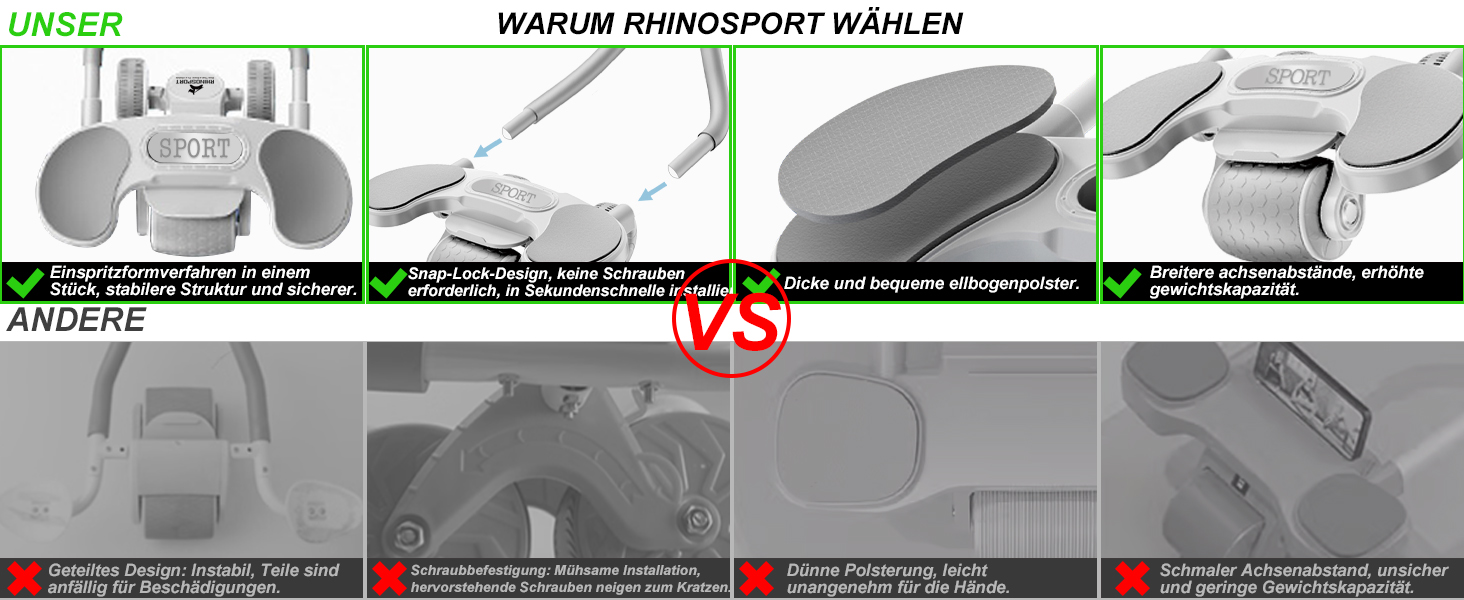 RHINOSPORT Аб-роллер з обертовою ручкою та автоматичним поверненням, тренажер для пресу з килимком для колін, ефективний домашній фітнес для зміцнення кора