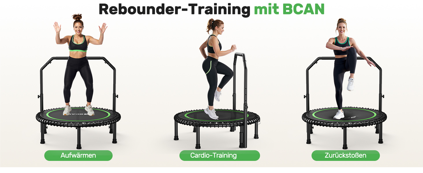 Міні-батут BCAN для дорослих, 102/122 см, до 204/250 кг, з бунжеєвими тросами, регульованою ручкою, стабільний, тихий, для дому та вулиці, тренування всього тіла, релаксація