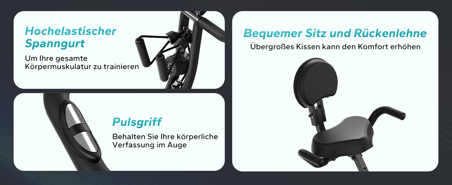 Велотренажер MERACH 4-в-1 з додатком, тихий, магнітний опір 16 рівнів, LCD-дисплей, вимірювання пульсу, складаний, зручне сидіння, еластична стрічка