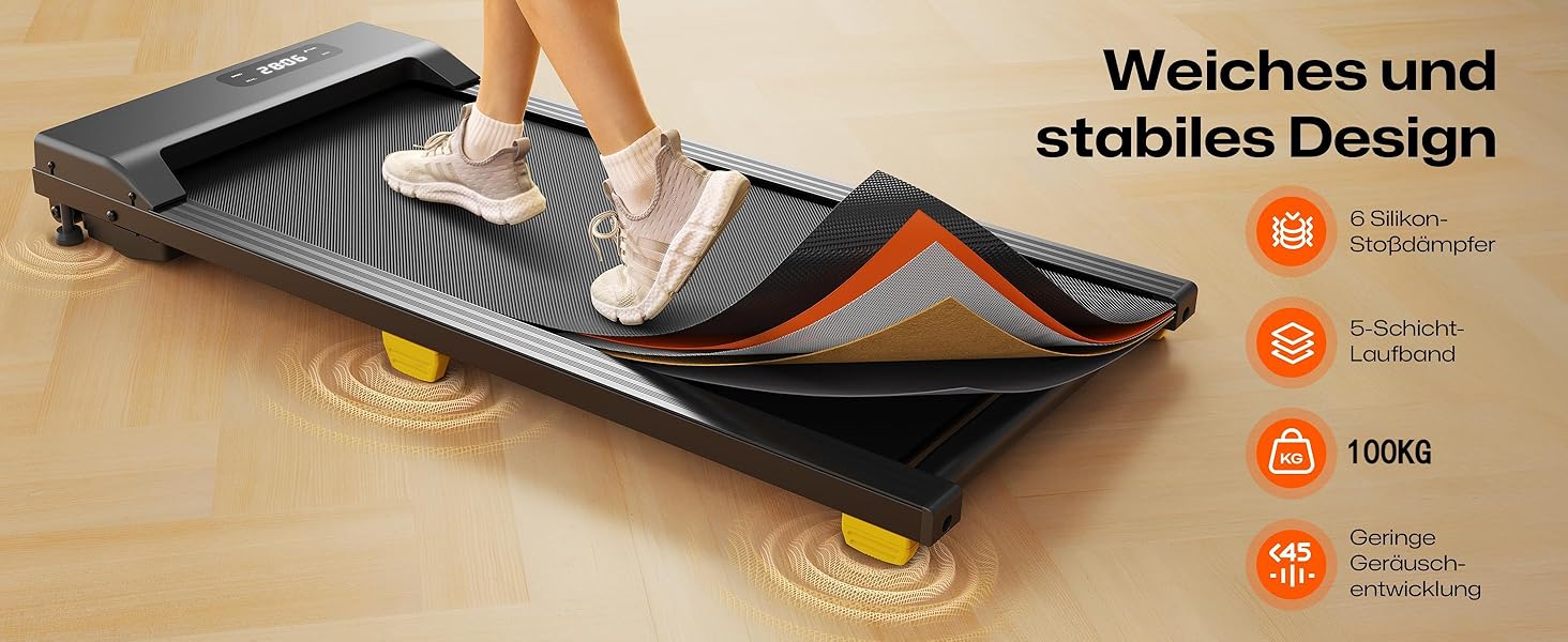 Walking Pad з амортизацією 6 точок, біговий тренажер для дому з нахилом 9%, тихий біговий стіл, 2.5 PS, з пультом дистанційного керування, чорний
