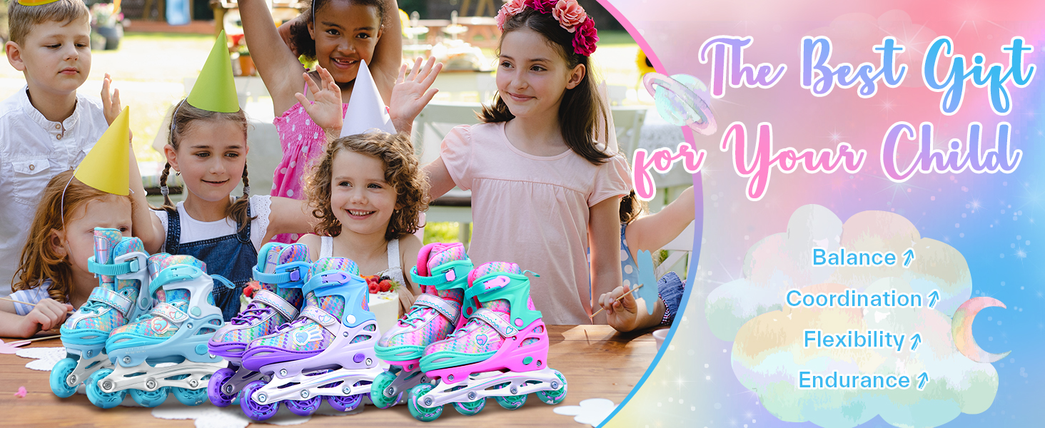 Дитячі ролики Sportneer з регулюванням 30-41, комплект з 6 захисниками та LED, рожевий, EU 34-37