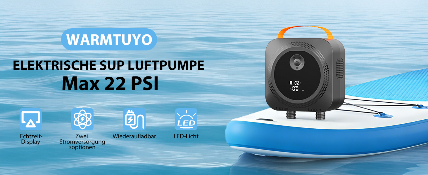 Електричний акумуляторний насос WARMTUYO SUP до 22 PSI для надувних сапів, човнів, каяків та кемпінгових наметів, з функціями автоматичного вимкнення та дефляції