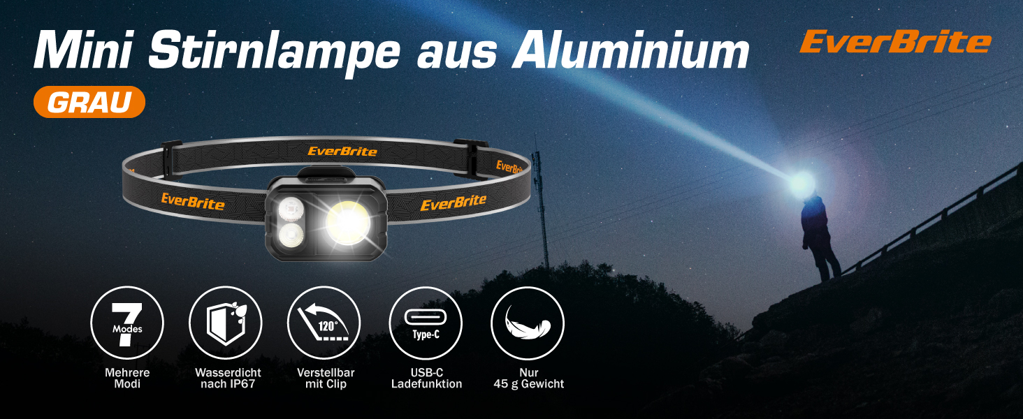 EverBrite LED налобний ліхтар: перезаряджуваний, 45г, IP67, 7 режимів, червоне/зелене світло для бігу, походів, кемпінгу (сірий)