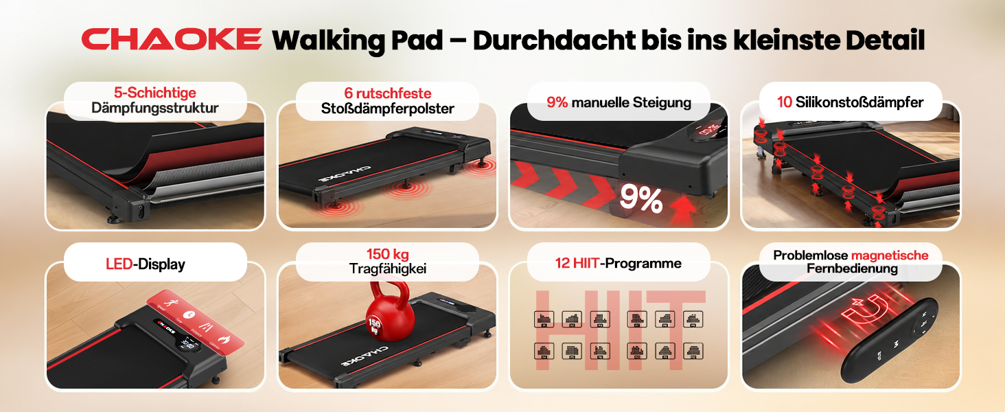 Бігова доріжка CHAOKE Walking Pad з нахилом 9%, до 10 км/год для дому та офісу, двигун 2.75 к.с., навантаження до 150 кг, 12 HIIT-програм та пульт керування (Колір: Містичний морський синій)