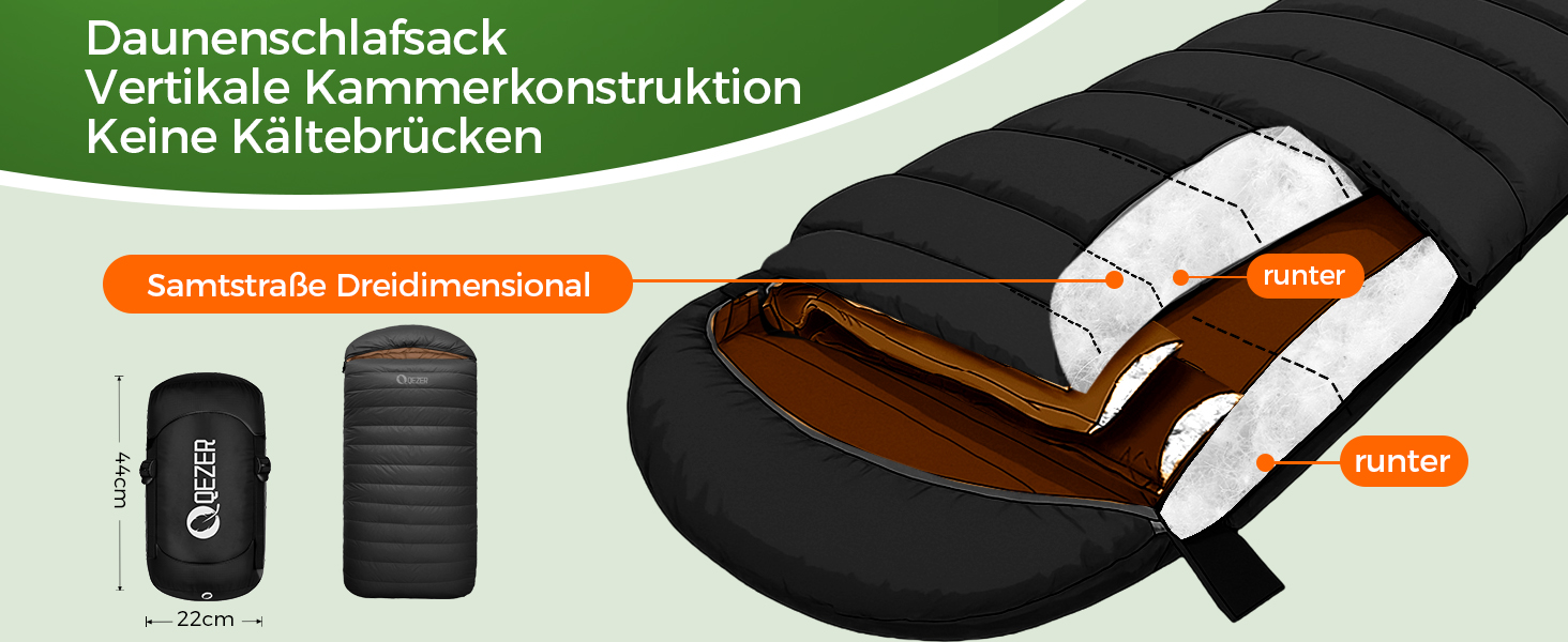 Сплячий мішок XXL з пуху на 3-4 сезони, 230x100 см, для дорослих, кемпінг, походи, подорожі (Чорний, -3°C)