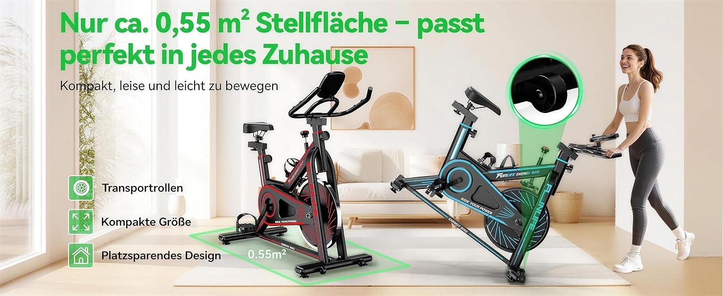 Велотренажер FunLife C1 з Bluetooth та App (FitShow, Kinomap), ремінний привід, плавний регулятор навантаження, регульоване сідло та кермо, до 120 кг, блакитний