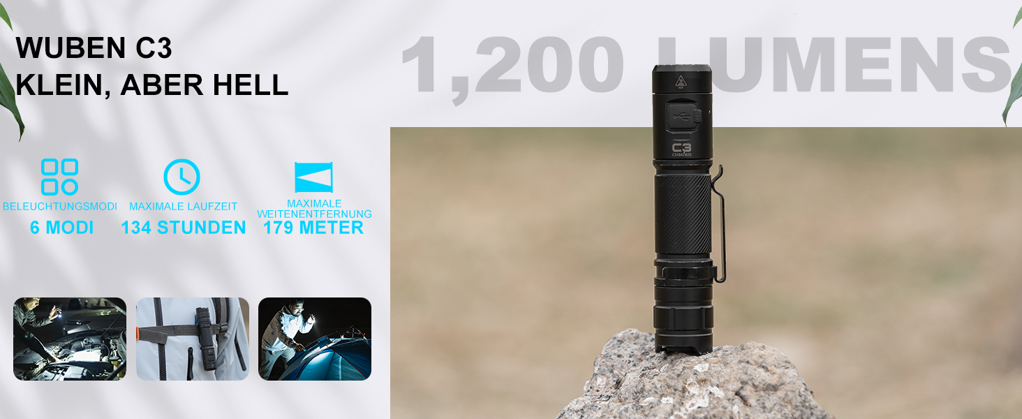 Ліхтарик WUBEN C3 LED: 1200 люмен, USB-C, водонепроникний IP68, 6 режимів, тактичний, для кемпінгу, туризму, невідкладних ситуацій