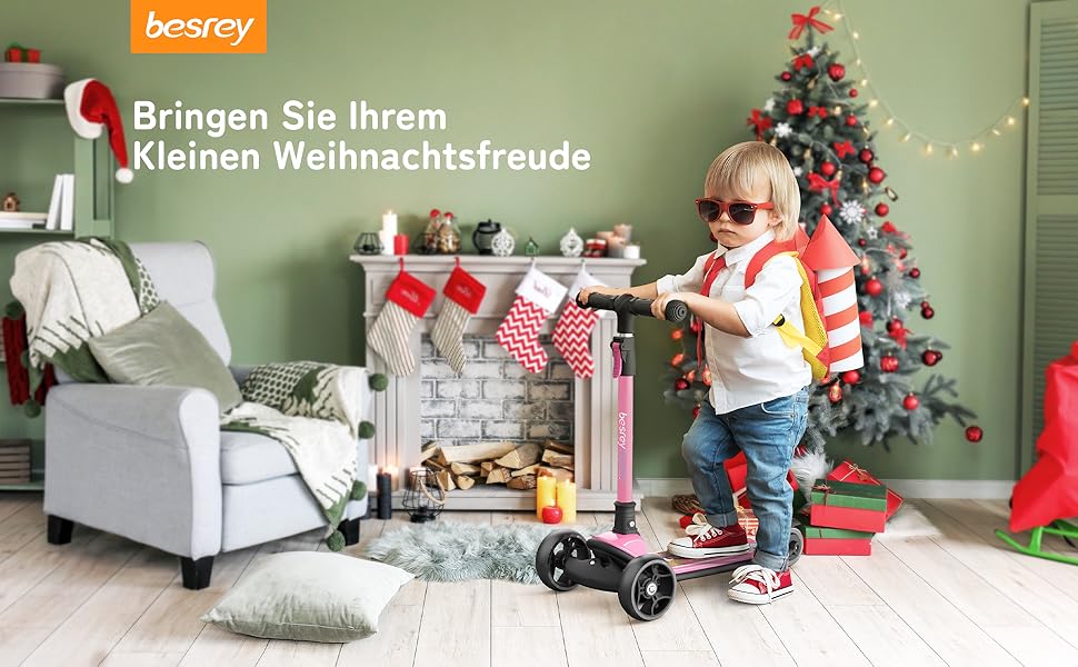 Дитячий самокат Besrey з великими колесами, світлодіодними ліхтарями та регульованою висотою, для дітей 3-8 років (Рожевий, Єдиноріг)