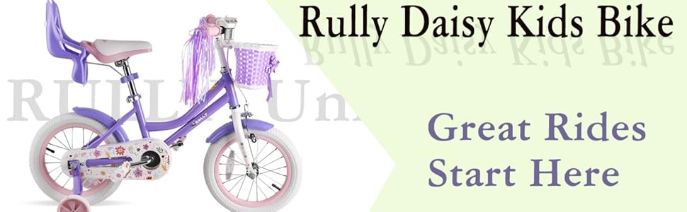 Дитяче велосипед RULLY Daisy для дівчаток 2-7 років, 12/14/16 дюймів, з іграшковим сидінням, ґуртками, кошиком та стрічками. Кольоровий дитячий велосипед фіолетового кольору 12 дюймів з ґуртками.