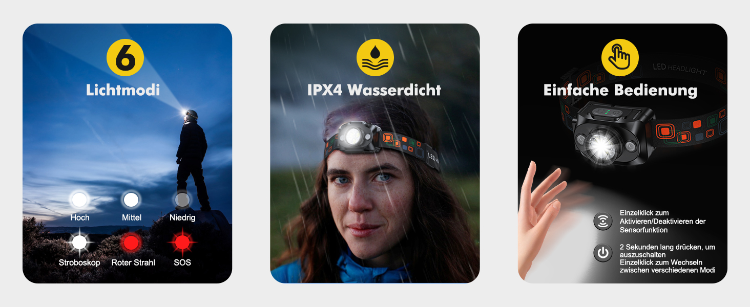 LED налобний ліхтар з акумулятором, [надзвичайно яскравий] з датчиком та червоним світлом, 6 режимів освітлення & IPX4 водонепроникність, 2000mAh, тривалий час роботи, для кемпінгу, риболовлі, походів, нічного бігу