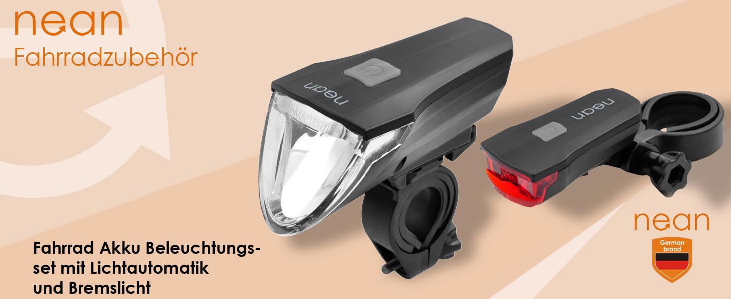 Фронтліхтар Nean CREE LED з акумулятором, світлодіодний велосипедний ліхтар з авторегулюванням та стоп-сигналом, 60 люкс, 6 cd, StVZO, велосипедна лампа, фара, задній ліхтар