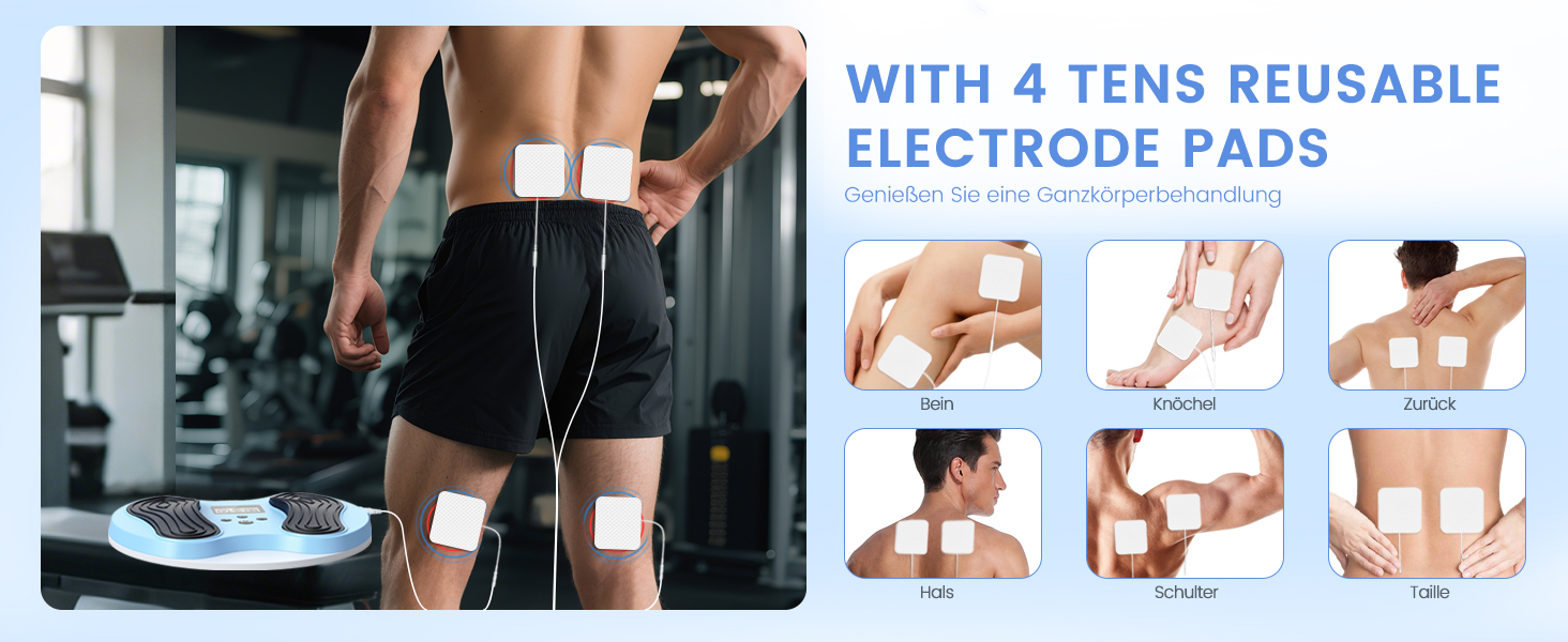 Масажер для ніг та стегон EMS, стимулятор кровообігу – покращує циркуляцію крові, знімає втому ніг та стегон, з 4 електродами TENS, блакитний/сірий