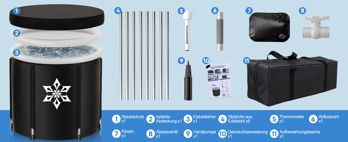 Кріованна для льодяних купань з системою охолодження XL (80 см), комплект з 8 сталевими стійками, термозахистом та сумкою для спорту