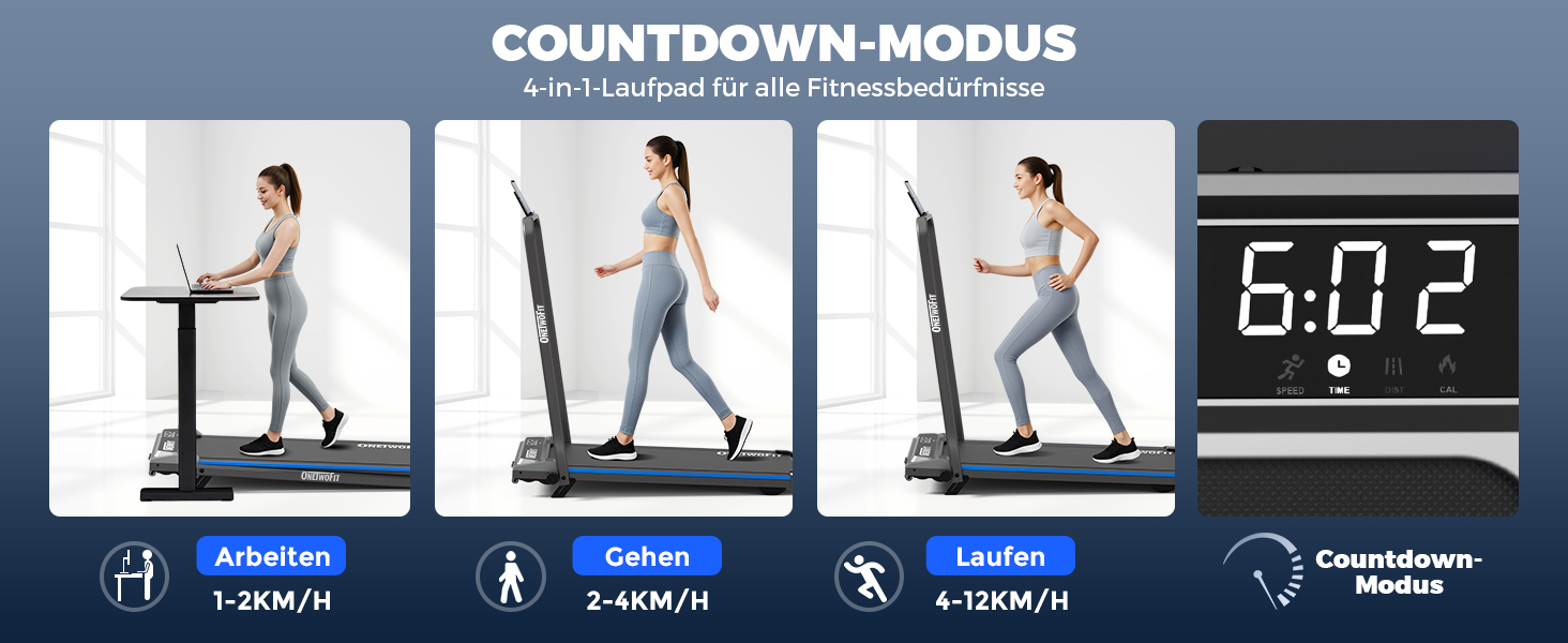 ONETWOFIT Ходункова доріжка, біговий тренажер для дому з ручками, регульований нахил, керування з пульта та через додаток, 2.5HP, складаний, 12km/h