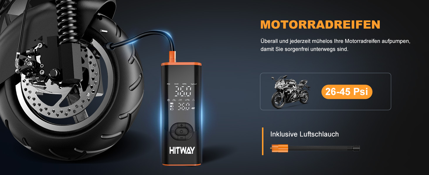 Електрична портативна насосна станція HITWAY 6000mAh, 150PSI, акумуляторний компресор для авто, велосипедів, мотоциклів і м'ячів, з функцією Powerbank