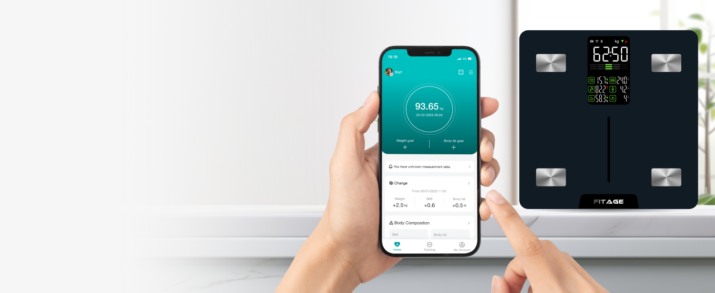 Переможець тесту цифрових ваг для ванної кімнати FITAGE 2024 року, ваги для тіла до 225 кг, шкала жиру в організмі з 17 вимірюваннями тіла, аналіз тіла з додатком, ваги з жиром і м'язовою масою з великим світлодіодним дисплеєм