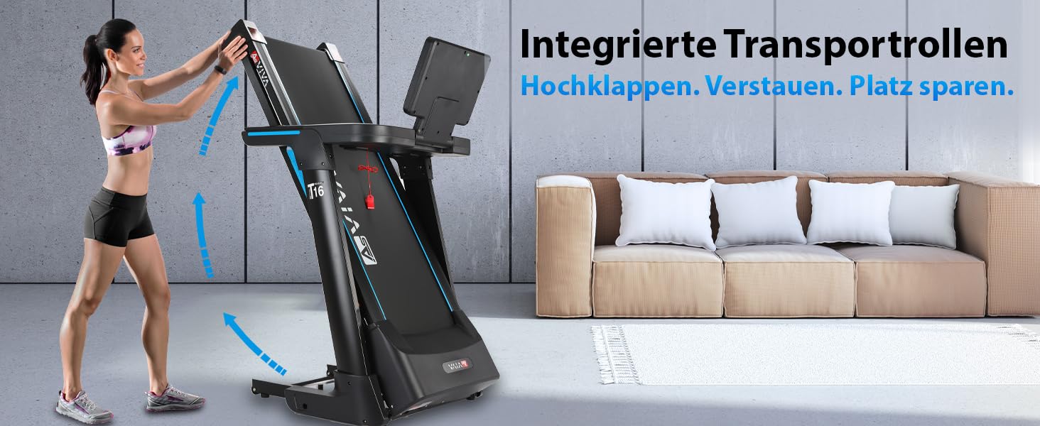 Біговий тренажер AsVIVA T16 Profi: 18 км/год, 4 PS, 18% нахил, складний, Bluetooth, до 150 кг, для кардіотренувань вдома