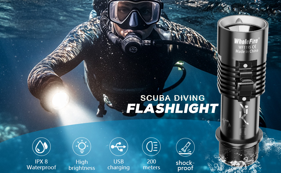 Ліхтар під водою WholeFire 8000 Lumen, IPX8, водонепроникний, 3 режими, акумуляторний, для плавання та дайвінгу
