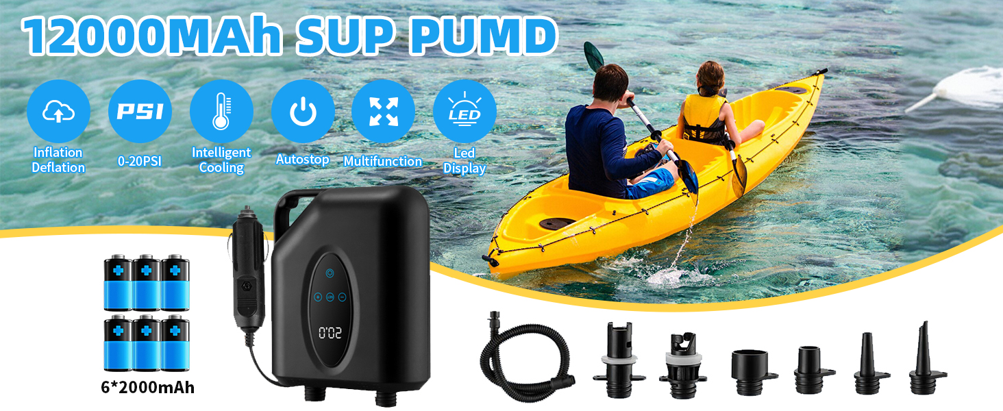 OBEST Електричний Насос для Шини 12000mAh, 20 PSI, Бездротовий, Подвійний, Автоматичне Вимкнення, Чорний