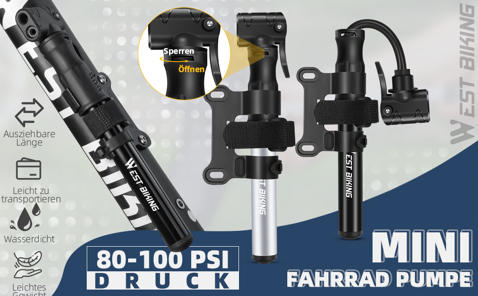 West Biking Mini насос для велосипеда - алюмінієвий насос для велосипеда, підходить для всіх типів вентилів, портативний, компактний, швидке накачування шин, легкий міні-насос для велосипеда, MTB, шосе, м'ячів, чорний