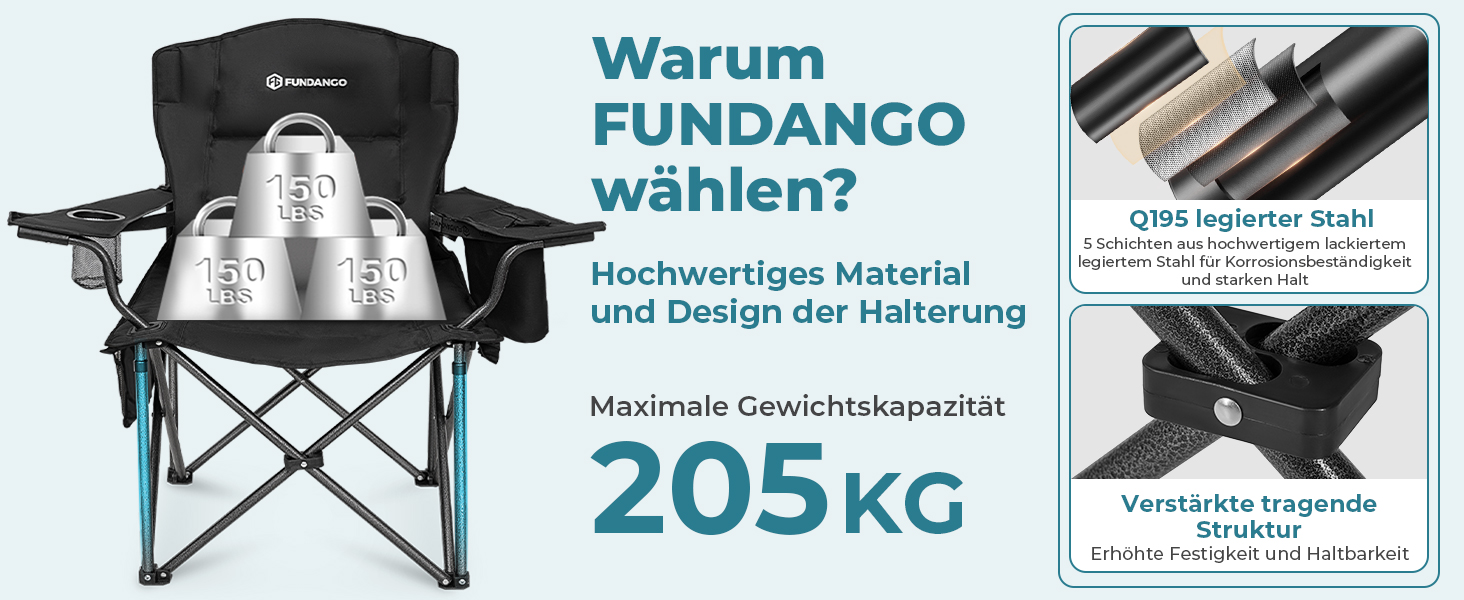 Крісло для кемпінгу Fundango XXL: чорне, розкладне, з підлокітниками, кюльтюшком та тримачем для напоїв