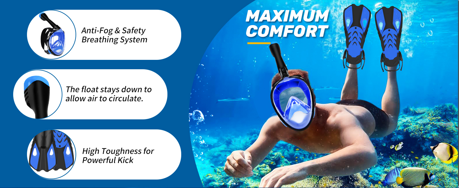 Набір для снорклінгу та дайвінгу для дорослих: маска-половинка, ласти, чохол. Широкий огляд 180°, фіксація камери, регульовані ласти