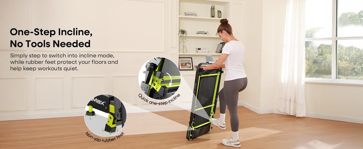 Бігова доріжка Walking Pad з нахилом 10%, 3.0 к.с., складна, для дому з магнітним пультом, LED-дисплеєм, висувними поручнями, 12 програм HIIT, до 136 кг, зелена