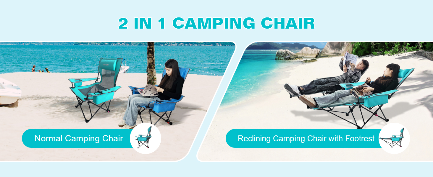 Крісло для кемпінгу Poeopore складне з підставкою для ніг, 4-х секційне, для відпочинку на пляжі та риболовлі, витримує до 120 кг, з кишенькою-холодильником, подушкою та тримачем для напоїв, блакитне