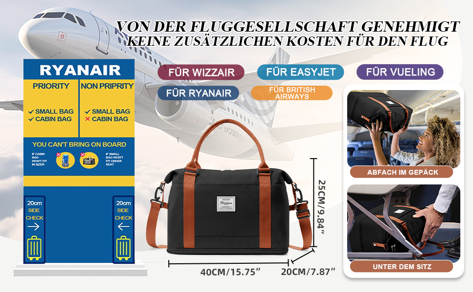 Дорожня сумка для жінок 40x20x25 см Ryanair, водонепроникна спортивна сумка, тревел-дафл з відділенням для взуття, чорна-коричнева