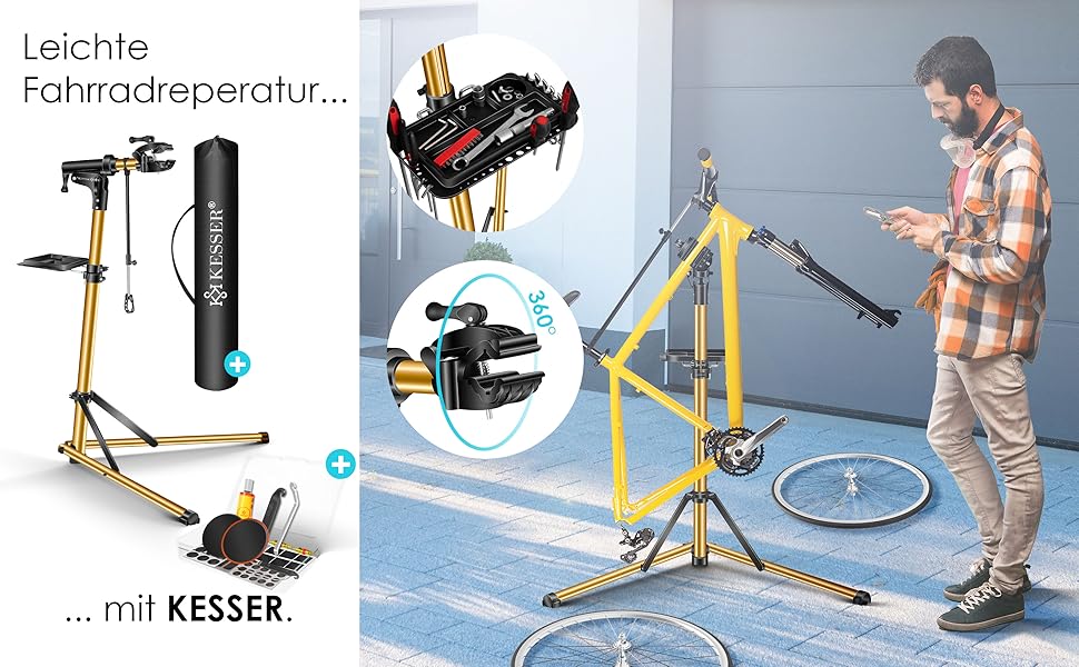 Підставка для велосипедів KESSER® Profi Alu: Ремонт, обслуговування, 360° обертання. Підходить для гірських, електровелосипедів та звичайних велосипедів. В комплекті сумка, набір для ремонту та магнітний органайзер для інструментів.