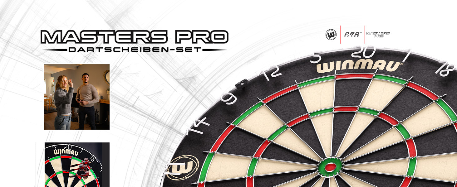 Дартс Winmau Masters Pro з лінією кидка та 6 дротиками - професійна сталева мішень PDC, сизаль високої щільності, ультратонкий дріт