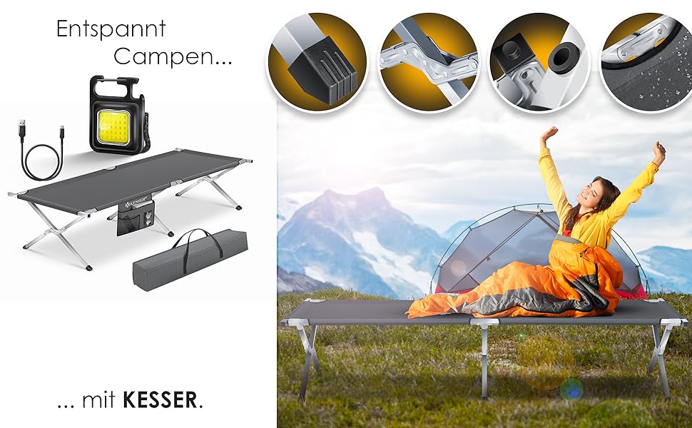 Кемпінгове ліжко KESSER® розкладне з сумкою, ліхтарем та кишенею, 210 см, до 150 кг, сталеве, Oxford 600D