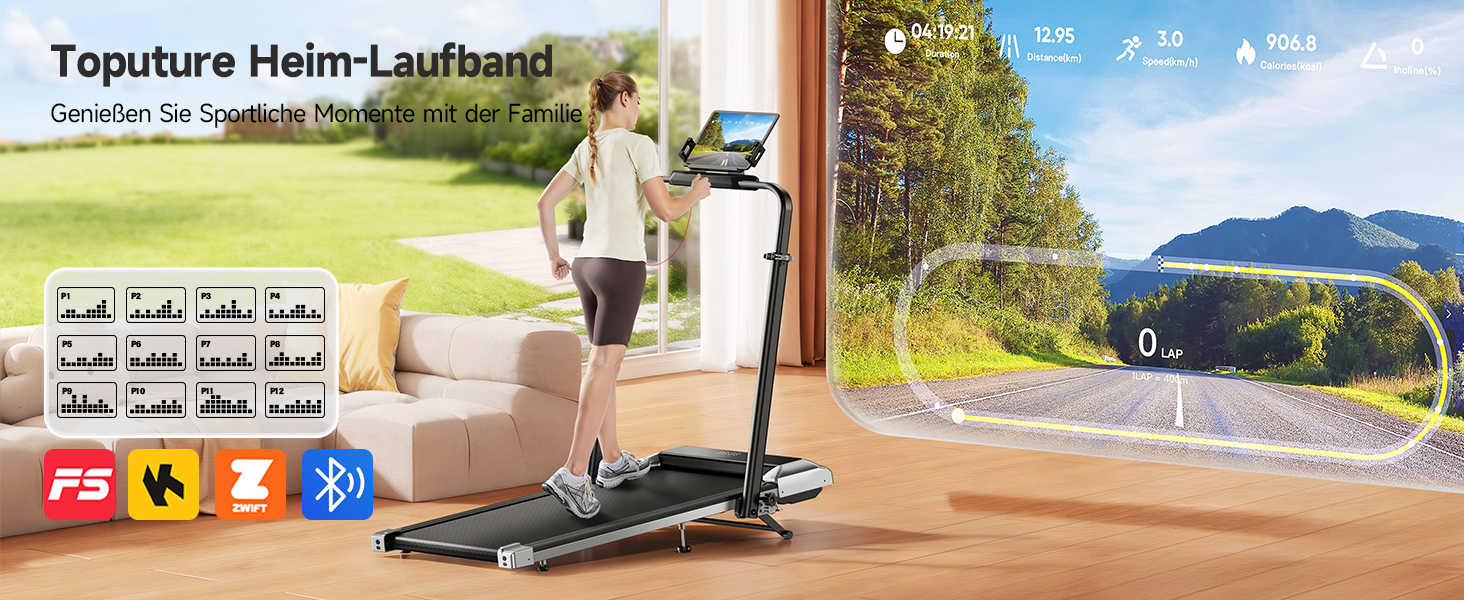 Біговий тренажер для дому з нахилом 12%, швидкістю 12 км/год, складаний, з регульованим нахилом, 6-в-1, поворотний на 95°/105°, тихий мотор 2.5HP, з пультом дистанційного керування та додатком, чорний