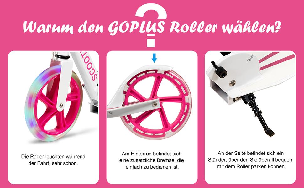 Дитячий трюковий самокат GOPLUS Roller Kinder 10 років, 3-ступенева регулювання висоти, легкий алюмінієвий, складаний, з LED-колесами, гальмом на задньому колесі, ременем та підставкою, до 100 кг, зелений