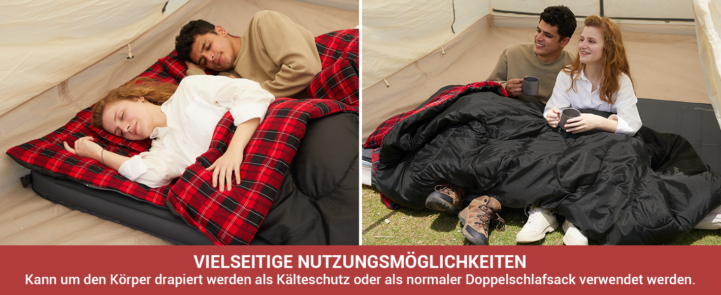 Спальний мішок KingCamp на 2 особи з фланелі, зимовий, для кемпінгу та відпочинку на природі, 3-4 сезони, з 2 подушками, підходить для дітей та дорослих (зелений)