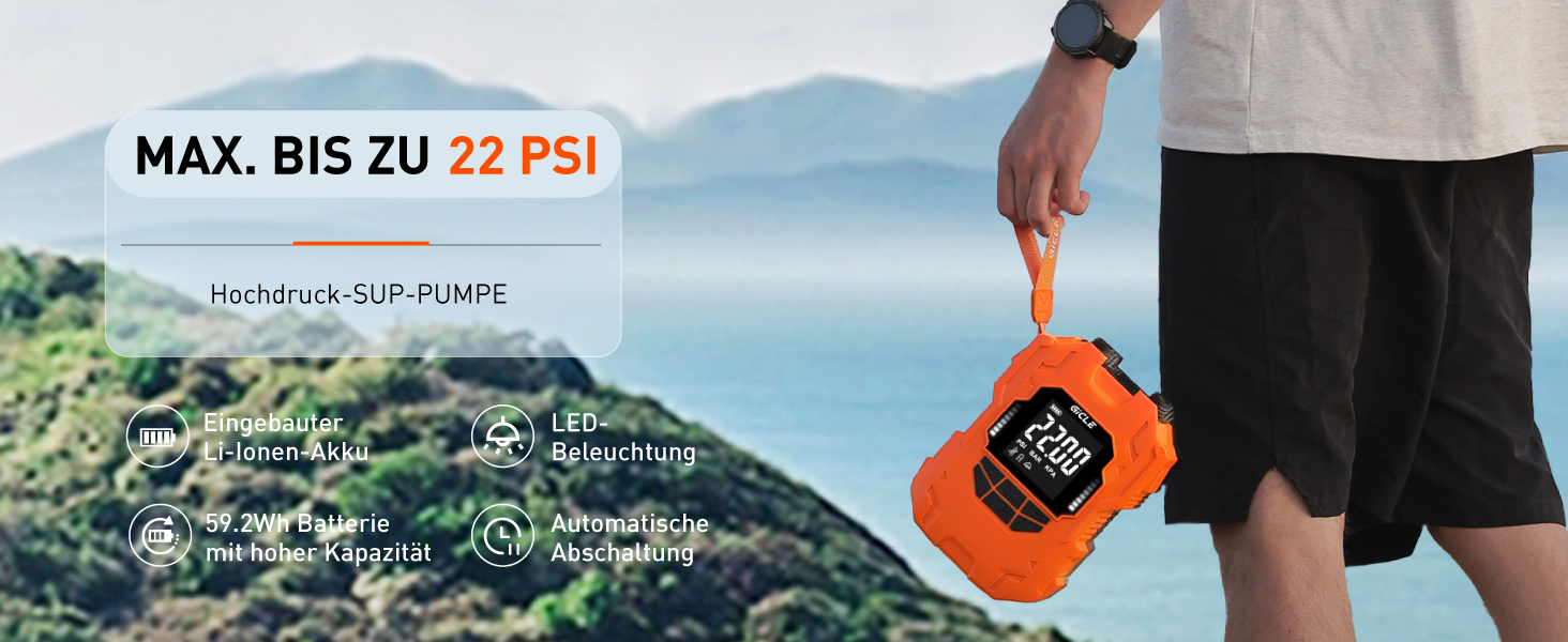 Електричний насос для SUP-дошки GICLE 22PSI з акумулятором, Type-C, 12V DC, помаранчевий