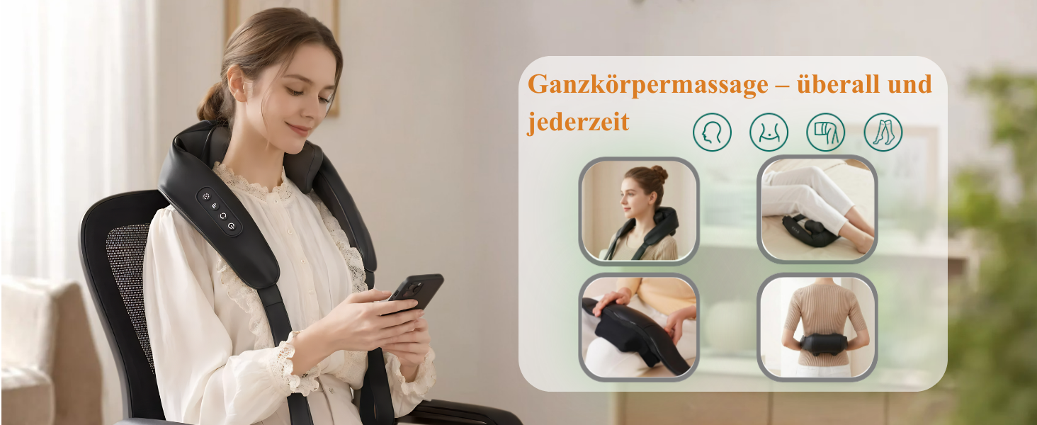 Бездротовий масажер для шиї та плечей 4D Shiatsu з підігрівом, електричний масажер для спини та м'язів, чорний