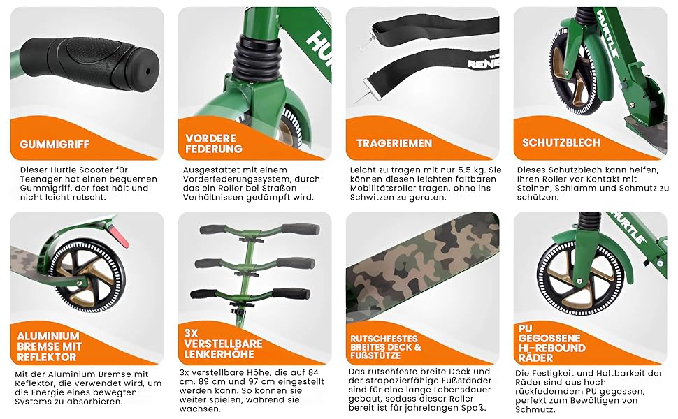 Міський ролер Hurtle Roller Kinder 10 років – складний, регульований по висоті 84–98 см, самокат для дітей та дорослих зі стійкою, з ремінком, до 100 кг, камуфляж