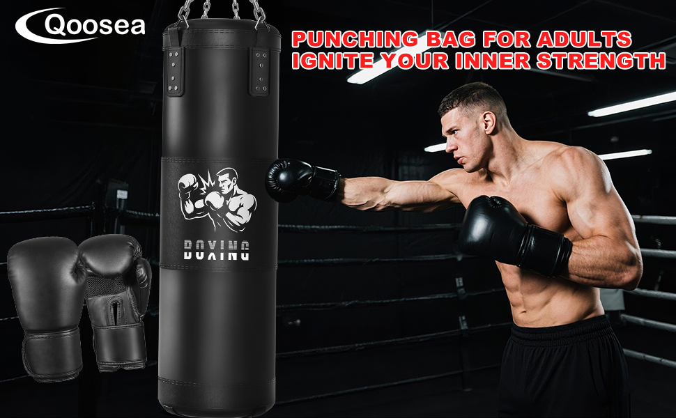 Боксерський мішок Qoosea для дорослих, 4 фути, 17oz, з рукавичками та підвісом, для кікбоксингу, карате, MMA, тренувань