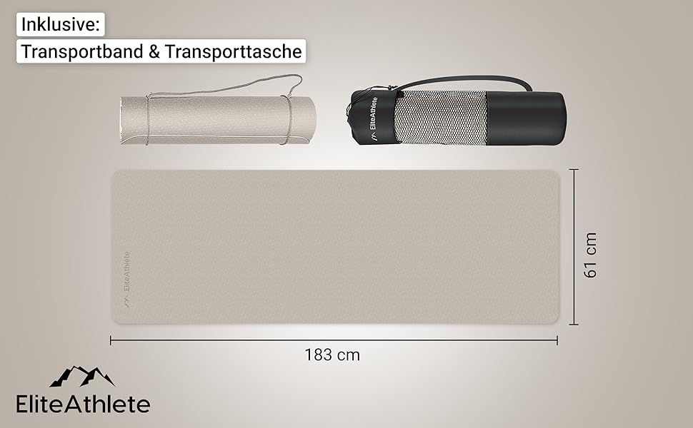 Килимок для йоги EliteAthlete - Спортивний килимок - Килимок для фітнесу - Гімнастичний килимок з м'якою підкладкою та нековзним покриттям для фітнесу, для пілатесу - Килимок для йоги - 183 см x 61 см x 0,6 см - Тренувальний килимок з урахуванням транспортувального ременя сумка Легкий капучино - крем кольору слонової кістки