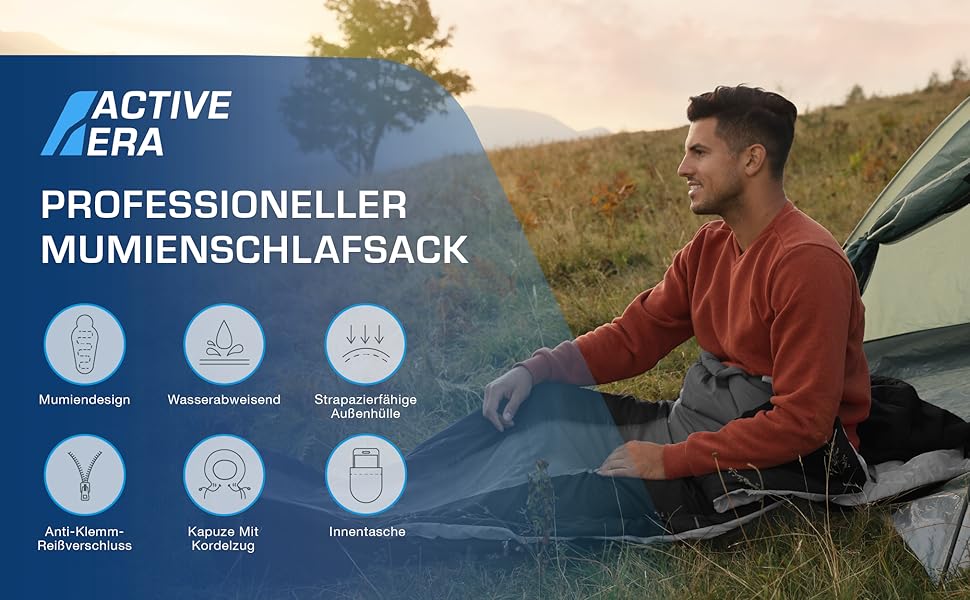 Сплячий мішок Active Era Mumienschlafsack: зимовий, літній, водонепроникний, легкий, температурний режим -10°C до 10°C, компактний, для кемпінгу (Чорний)